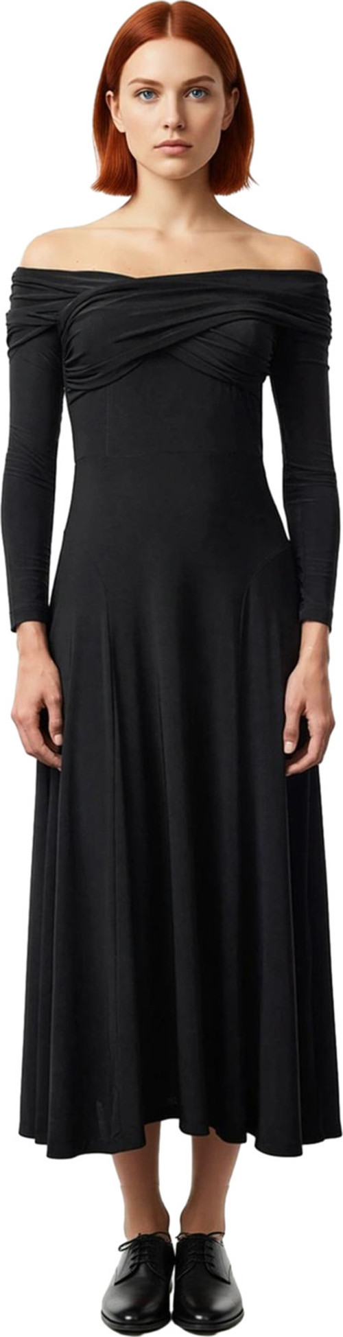 Moda Stil Fitted Asimetrik Yaka Midi Boy A-Kesim Örme Elbise