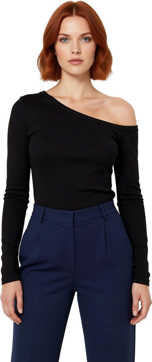 Moda Büyük Beden Devrik Yaka Örme Fit Düz Desen Casual Günlük Regular Uzun Kol Bluz