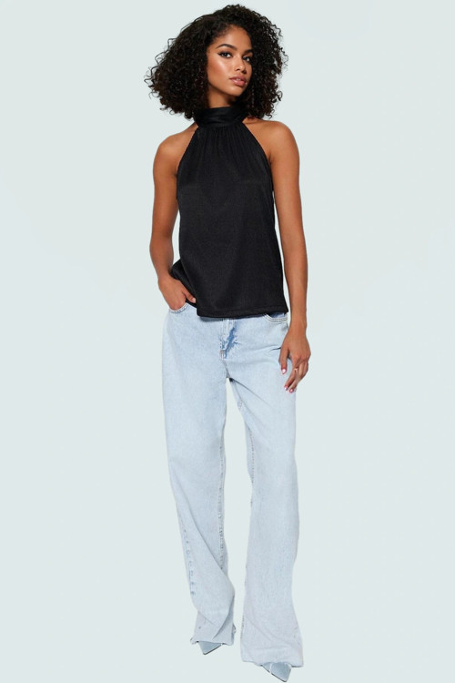 Kadın Yazlık Bluz Halter Yaka Pilise Dokuma Regular Kalıp Polyester Kumaş