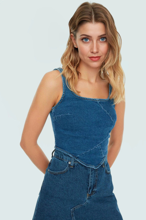 Moda Kare Yaka Denim Regular Düz Desen Casual Günlük Crop Askılı Kol Bluz