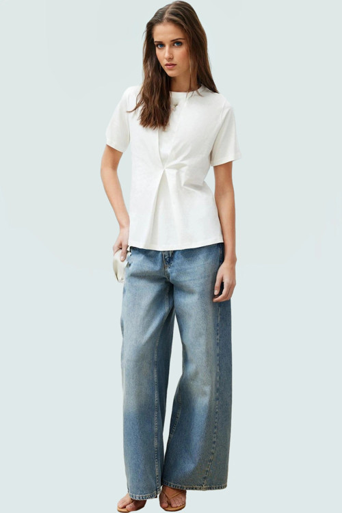 Pamuklu Bluz Regular Kalıp Bisiklet Yaka Örme Kumaş Günlük Kullanım Şık Görünüm