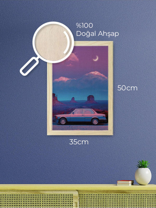 Bmw Araba Gece Pembe Gölgeli Ahşap Çerçeveli Ahşap Dokulu Pembe Mavi Tablo