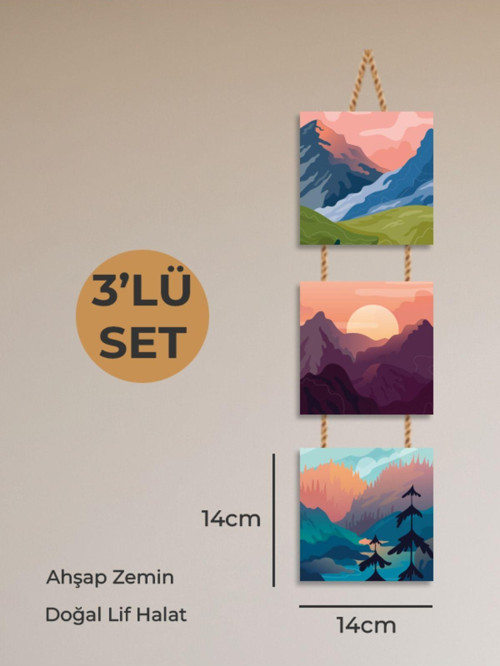 Doğa Manzaralı 3 Parçalı Halat İpli Ahşap Poster Tablo