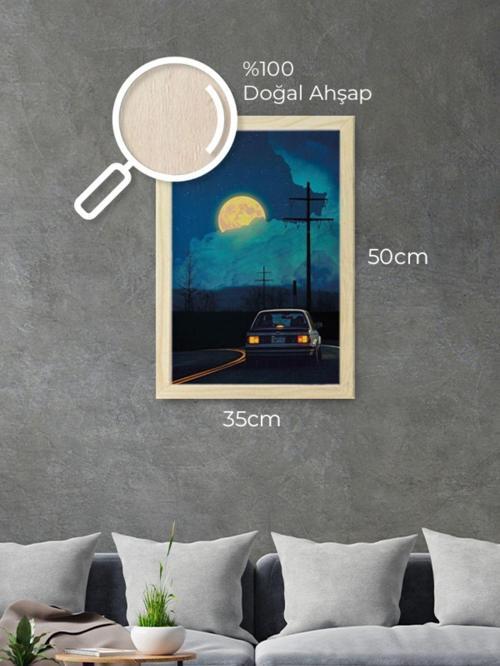 Gece Yarısı Arabayala Yolculuk Bmw E30 Ahşap Çerçeveli Ahşap Dokulu Mavi Sarı Tablo