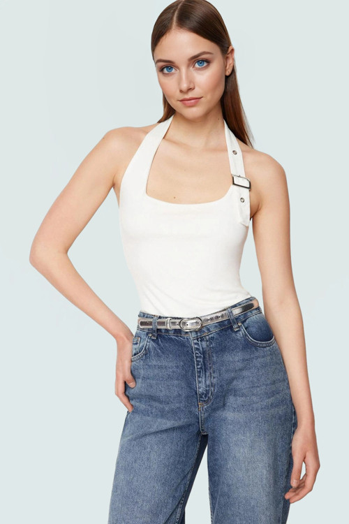 Fitted Kalıp Viskoz Ribana Crop Bluz Boyundan Bağlamalı Yaka Günlük Stil