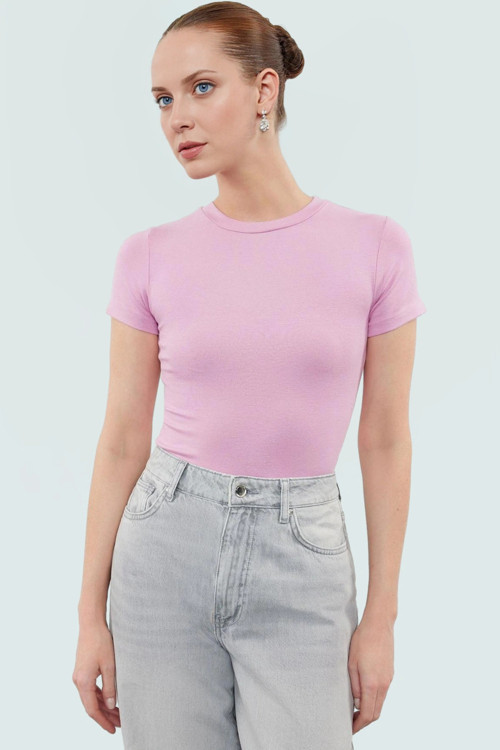 Moda Bisiklet Yaka Örme Slim Çizgili Desen Casual Günlük Regular Kısa Kol Bluz