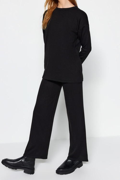 Moda Triko Bisiklet Yaka Düşük Kol Casual Günlük Basic Bisiklet Yaka Pantolonlu Triko Alt-Üst Takım