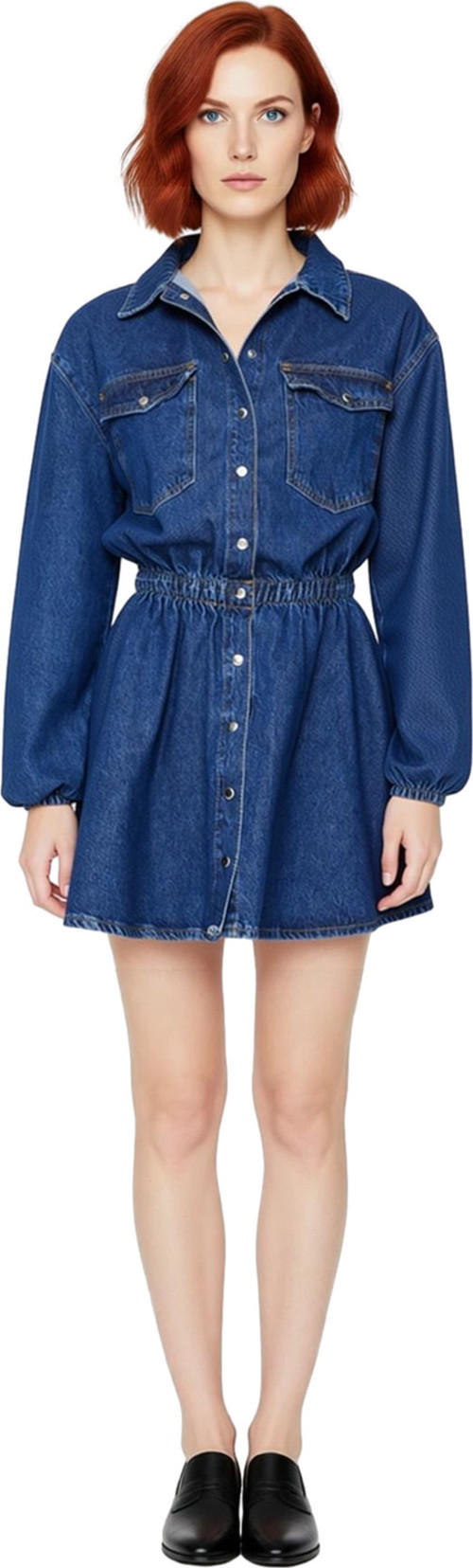 Moda Regular Mezuniyet Balo Rigid Denim Gömlek Yaka Kısa Kol Skater Kısa Boy Elbise