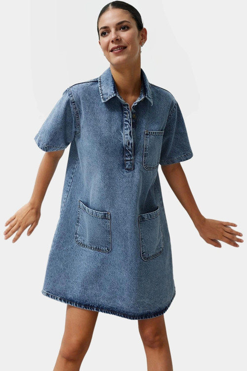 Kısa Kollu Denim Gömlek Elbise Mini Boy Casual Günlük Pamuk Yüksek Kalite Profesyonel Görünüm