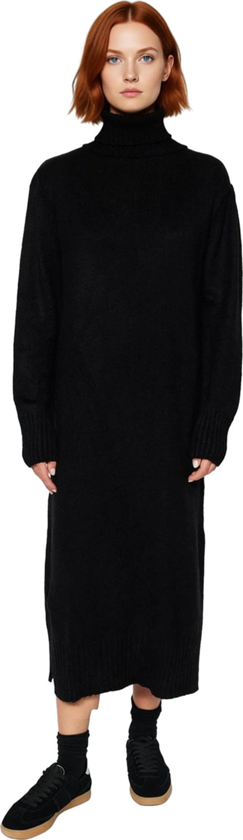 Moda Oversize Casual Günlük Dolu İğne Triko Balıkçı Yaka Uzun Kol Shift Midi Boy Elbise