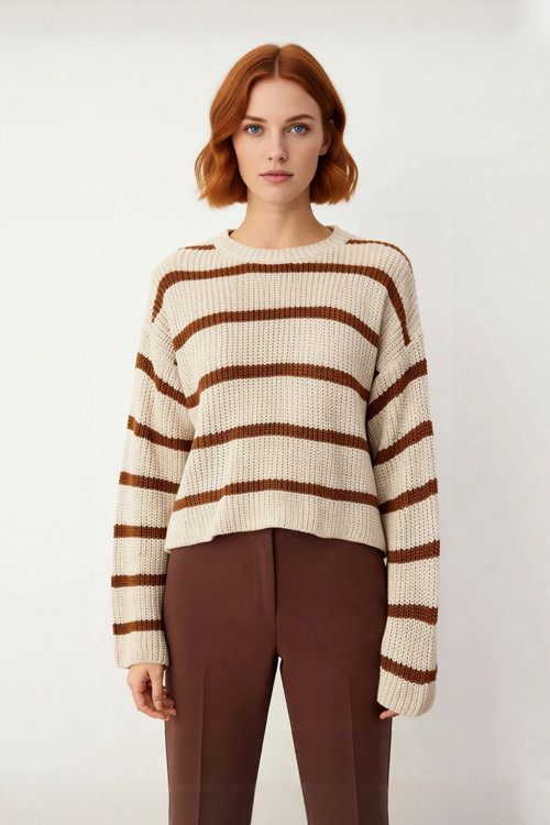 Stil Modern Kadın Crop Düşük Kol Bisiklet Yaka Basic Çizgili Triko Kazak