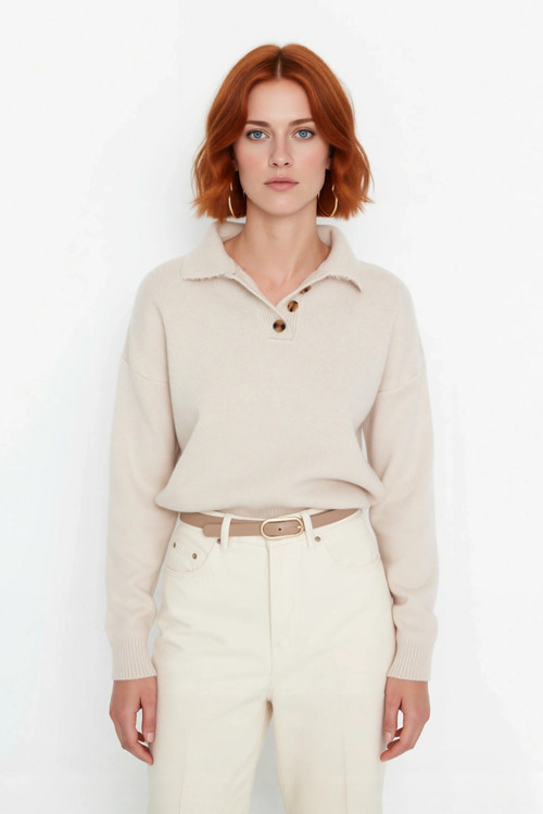 Kadın Düz Desen Polo Yaka Uzun Kol Oversize Triko Kazak Günlük Kullanım İçin İdeal Basic Model