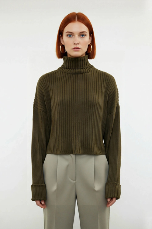 Kadın Oversize Super Crop Balıkçı Yaka Kışlık Triko Kazak Uzun Kollu Rahat Ve Şık Stil Kaliteli