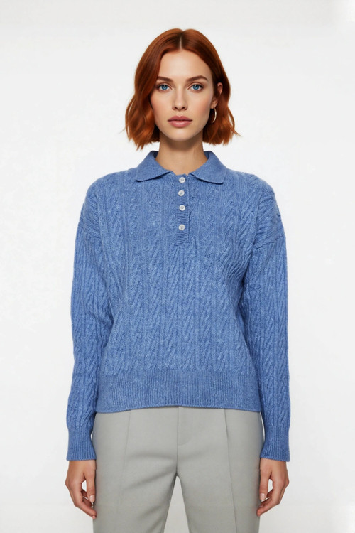 Kadın Oversize Triko Polo Yaka Saç Örgü Düşük Kollu Rahat Kışlık Basic Stil Kazak Kaliteli