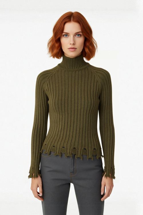 Kadınlara Özel Fitted Kesimli Crop Dik Yaka Uzun Kollu Fitilli Triko Kazak Günlük Stil İçin