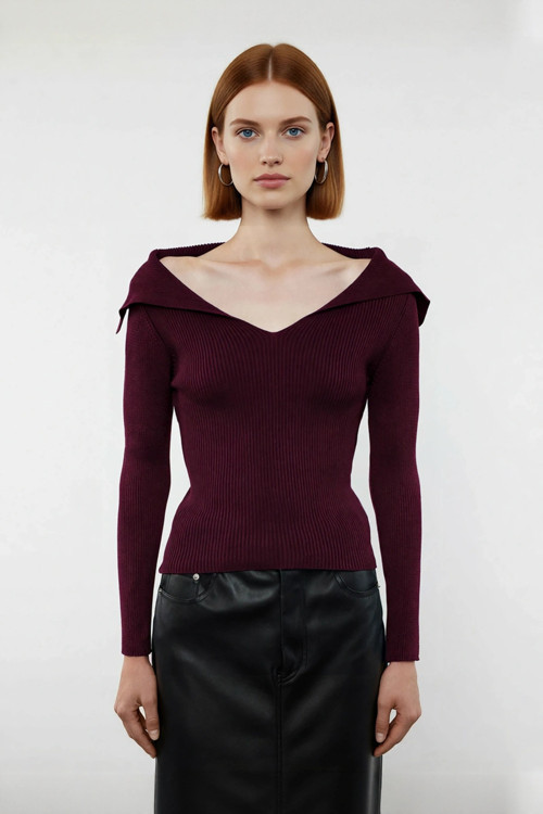 Kadın Şık Devrik Yaka Fitilli Triko Üst Fitted Kesim Uzun Kol Crop Model İlkbahar Sonbahar