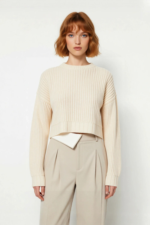 Kadın Bordo Oversize Kesim Fitilli Triko Crop Kazak Uzun Kollu Bisiklet Yaka Günlük Şıklık