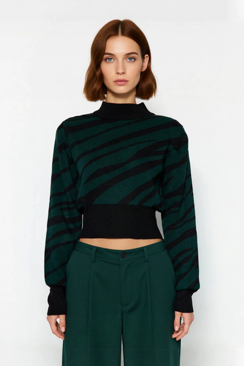 Kadınlara Özel Pembe Zebra Desenli Dik Yaka Uzun Kollu Crop Triko Kazak Kış Şıklığı İçin Kaliteli