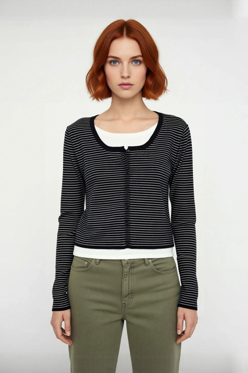 Kadın İnce Triko Çizgili Bisiklet Yaka Standart Kol Rahat Crop Hırka Casual Kullanım Kaliteli
