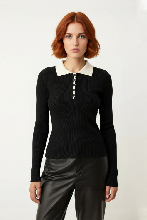 Kadın Modern Fitilli Triko Polo Yaka Kazak Fitted Kesim Uzun Kollu Günlük Şıklık İçin İdeal