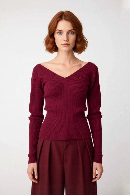 Kadın Casual Fitted Triko Kazak V Yaka Standart Kollu Ajurlu Detaylı İnce Yapısıyla Günlük Şıklık