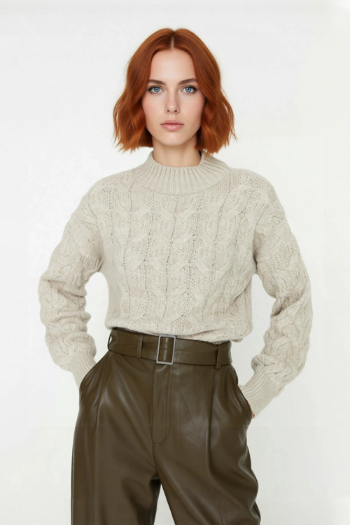 Kadın Oversize Balon Kol Dik Yaka Saç Örgü Crop Akrilik Triko Kazak Kış Modasına Uyumlu Kaliteli