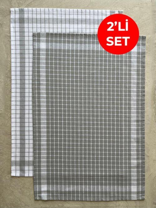 Kareli 2'li Mutfak Kurulama Bezi Set Gri/Beyaz