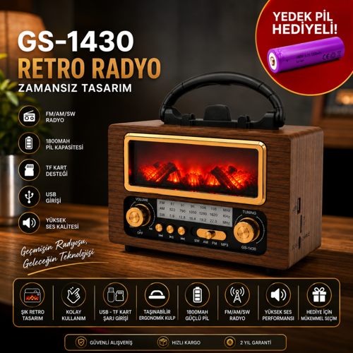 Zamanı Durduran GS-1430 Şömine Efektli Retro Radyo(Yedek pil hediyeli)