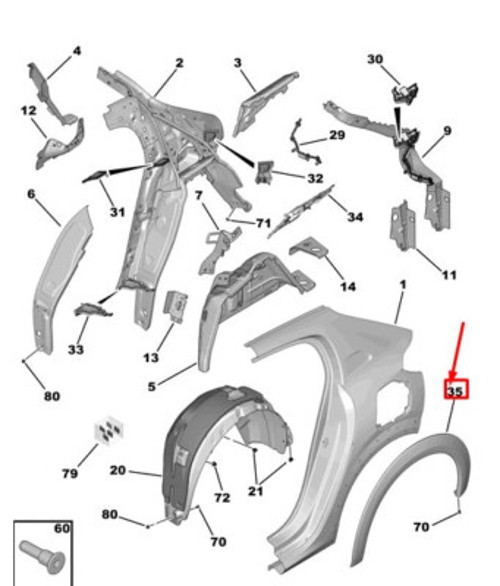 Peugeot 208 Arka Çamurluk Dodik Plastiği Sağ 2020- (Oem No: 98247224Xy)