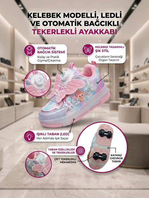 Kız Çocuk Kaykaylı Patenli Tekerlekli Otomatik Bağcıklı Işıklı Ortopedik Spor Ayakkabı