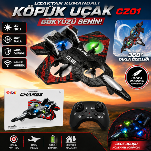 Uzaktan Kumandalı Köpük Uçak 25 cm CZ01 LED Işıklı RC Drone Uçak 2.4GHz Şarjlı Takla Özellikli