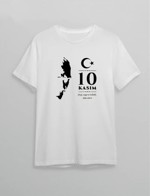 10 Kasım Atatürk Anma Günü Silüet Baskılı Oversize Bisiklet Yaka T-Shirt - Beyaz