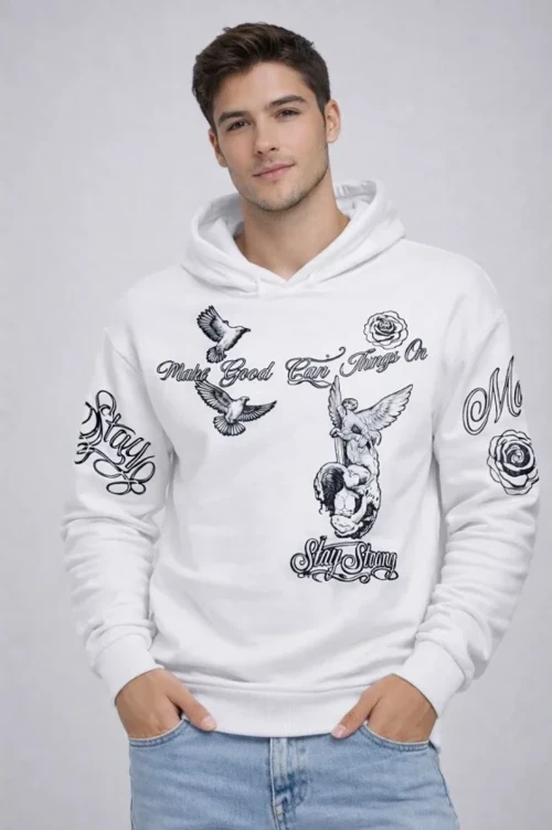 Erkek 3 İplik Pamuklu Kapüşonlu Baskılı SweatShirt Hoodie - Beyaz