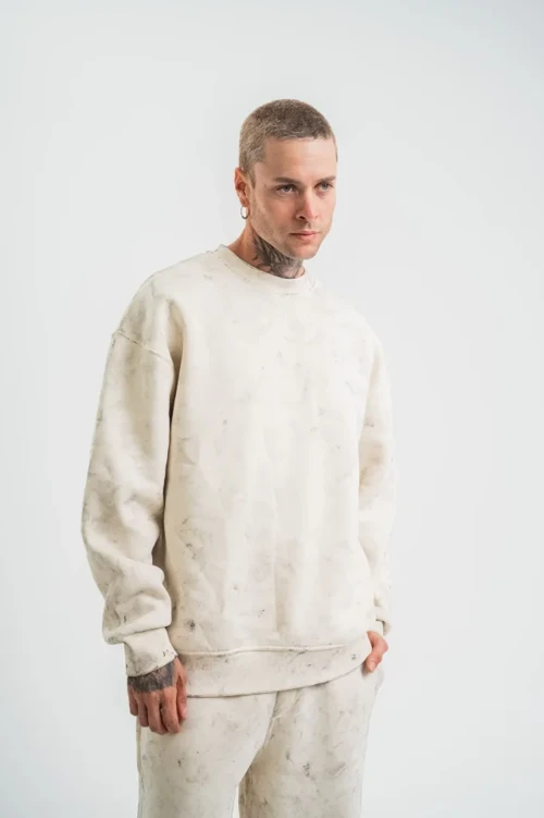 Erkek 3 İplik Pamuklu Yağ Yıkamalı Sweatshirt Double Oversize Bisiklet Yaka Uzun Kol - Krem