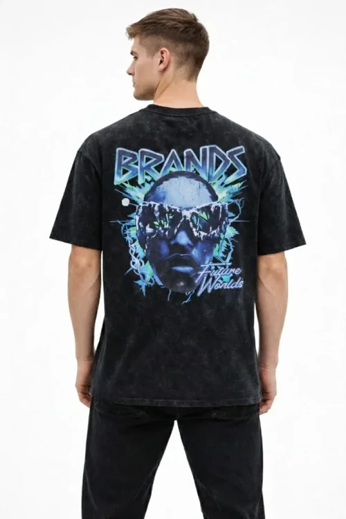 Erkek Asit Yıkamalı Oversize Tişört Future Worlds Baskılı Bisiklet Yaka Kısa Kollu Streetwear %100 Pamuk Street Style T-Shirt - Siyah