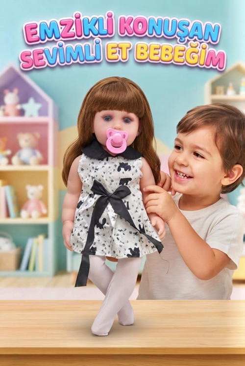 Emzikli Sevimli %100 Et Bebek - 50 cm Konuşan Gerçekçi Oyun Arkadaşı İnteraktif Eğitici Oyuncak
