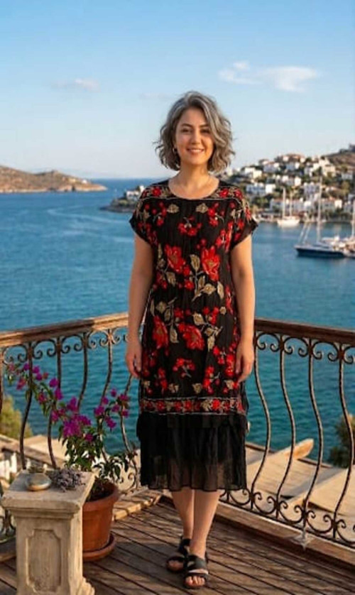 Otantik standart beden desenli çift kat pamuk voal midi boy elbise 36-46 bedenler arası uygundur