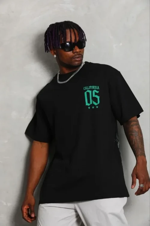 Erkek Baskılı T-Shirt Kısa Kol Bisiklet Yaka Regular Fit Rahat Kalıp Günlük Tişört - Siyah