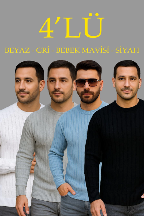 Erkek Fitilli Triko Kazak 4’lü Set – Beyaz, Bebek Mavisi, Gri, SiyahKalın Dokuma Pamuklu Regular Fit Bisiklet Yaka Uzun Kollu Kışlık Ve Baharlık Rahat Triko Kombini