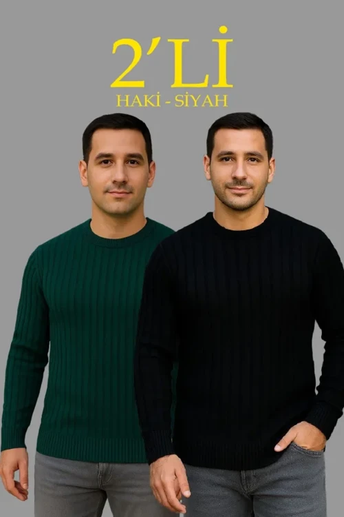 Erkek Fitilli Triko Kazak 2’li Set Siyah Haki Kalın Dokuma Pamuklu Regular Fit Bisiklet
