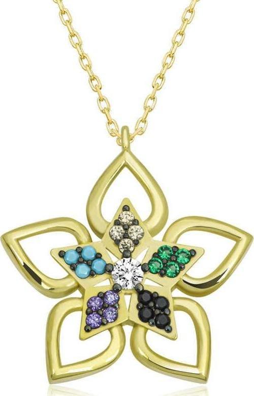 ​Gümüş Gold Renkli Taşlı Çiçek Kadın Kolye