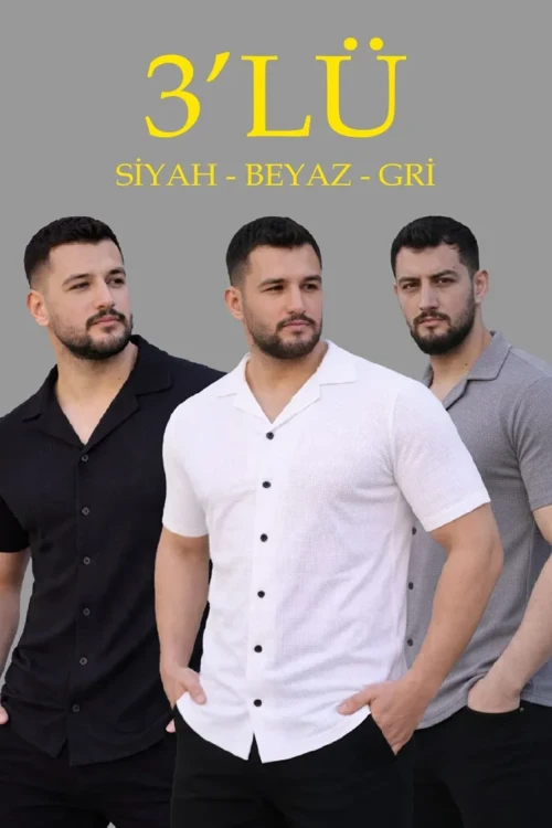 Erkek Waffle Dokuma Açık Yakalı Düğmeli Regular Kalıp 3’lü Gömlek Seti - Siyah, Beyaz, Gri
