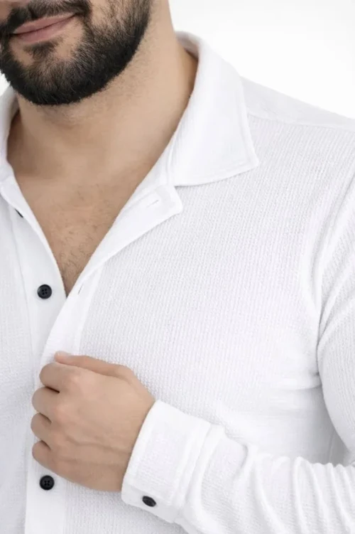 Erkek Waffle Kumaş Uzun Kollu Düğmeli Açık Yaka Regular Fit Gömlek - Beyaz