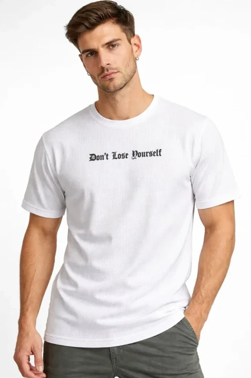 Erkek Wafıl Kumaş Tişört Regular Kalıp Bisiklet Yaka Baskılı Günlük Basic T-Shirt - Beyaz