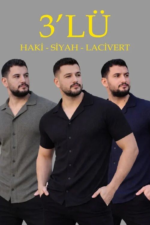 Erkek Waffle Dokuma Açık Yakalı Düğmeli Regular Kalıp 3’lü Gömlek Seti - Siyah, Haki, Lacivert