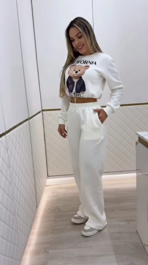 Kadın Uzun Kollu Bisiklet Yaka Desenli Iki Iplik şardonlu Bluz Ve Pantolon Ikili Takım