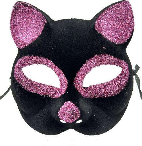 Siyah Renk Pembe Simli Süet Kaplama Kedi Maskesi 18x14 cm