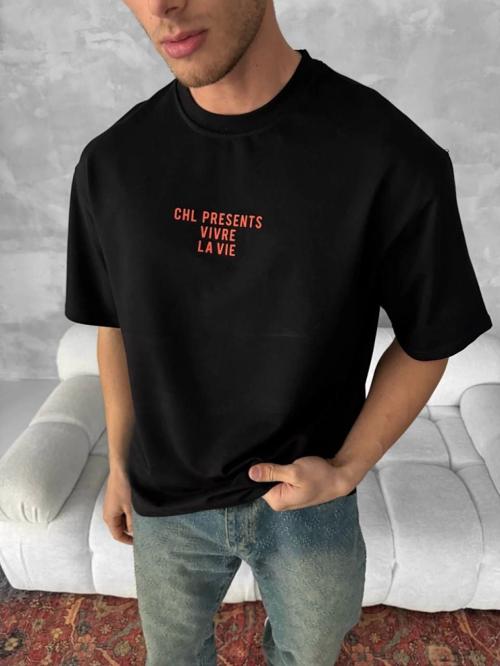 Ön Ve Arka Baskılı Oversize Bisiklet Yaka T-shirt- Siyah