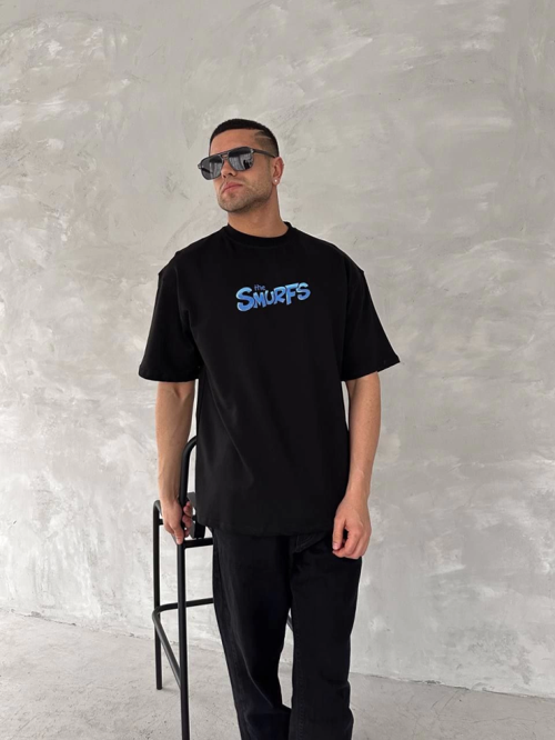 Ön Ve Arka Baskılı Oversize Bisiklet Yaka T-shirt- Siyah