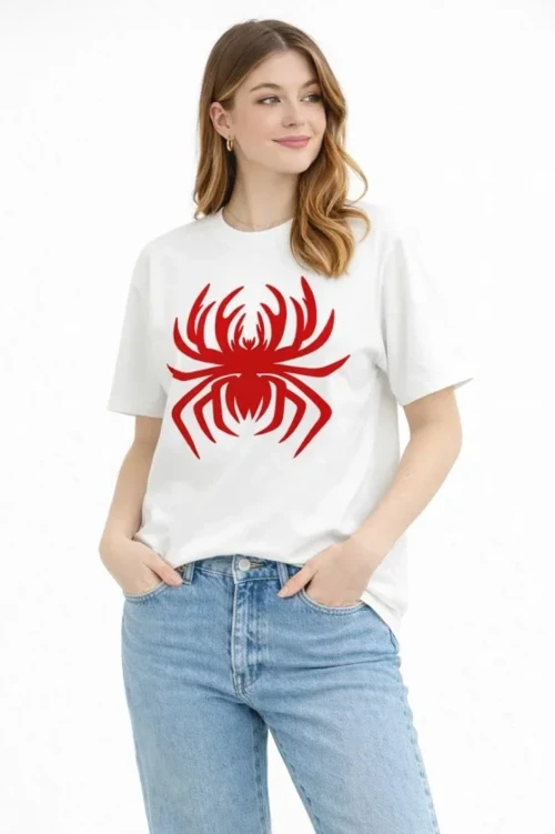 Örümcek Baskılı Tişört Kısa Kollu Bisiklet Yaka T-Shirt - Beyaz